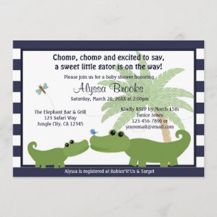 Alligator Blue striped baby shower invitation AMP