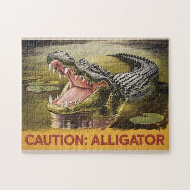 Alligator Caution Illustration Vintage Inspired Jigsaw Puzzle (Horizontal)