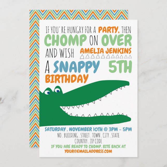 Alligator Chomp, Chevron Birthday Party Invitation (Front/Back)