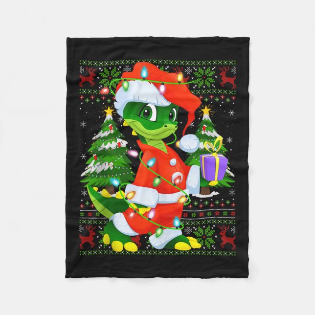 Alligator Christmas Lights Santa Costume Ugly Xmas Fleece Blanket (Front)