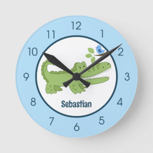 Alligator Crocodile Blue Bird Cute Jungle Nursery Round Clock