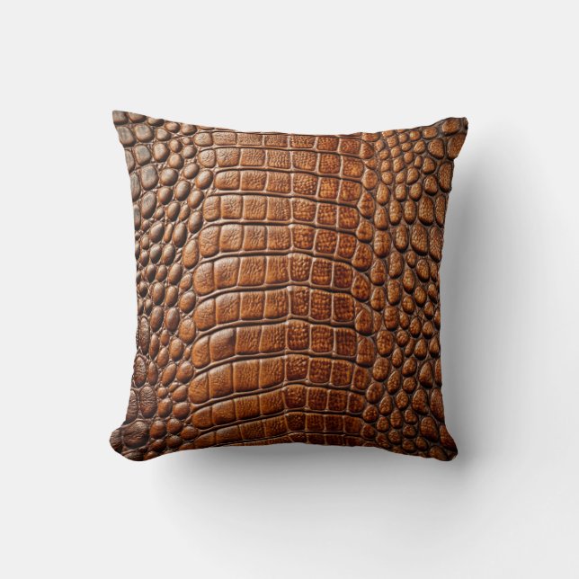 Alligator Crocodile Skin Faux Shiny Brown Leather  Cushion (Front)
