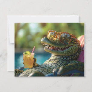 Alligator Enjoying a Poolside Cocktail Holiday Card