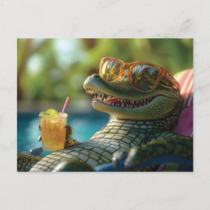 Alligator Enjoying a Poolside Cocktail Holiday Postcard