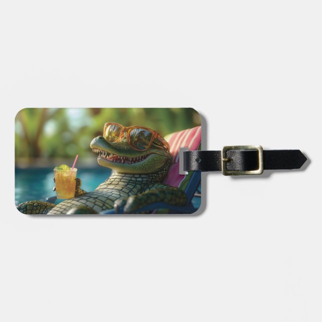 Alligator Enjoying a Poolside Cocktail Luggage Tag (Front Horizontal)