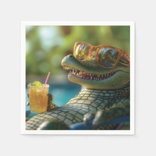 Alligator Enjoying a Poolside Cocktail Napkin