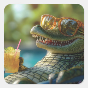 Alligator Enjoying a Poolside Cocktail Square Sticker