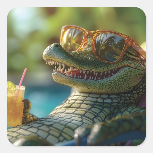 Alligator Enjoying a Poolside Cocktail Square Sticker (Front)