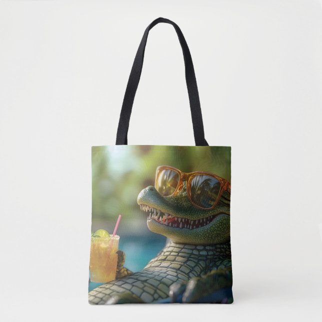 Alligator Enjoying a Poolside Cocktail Tote Bag (Front)