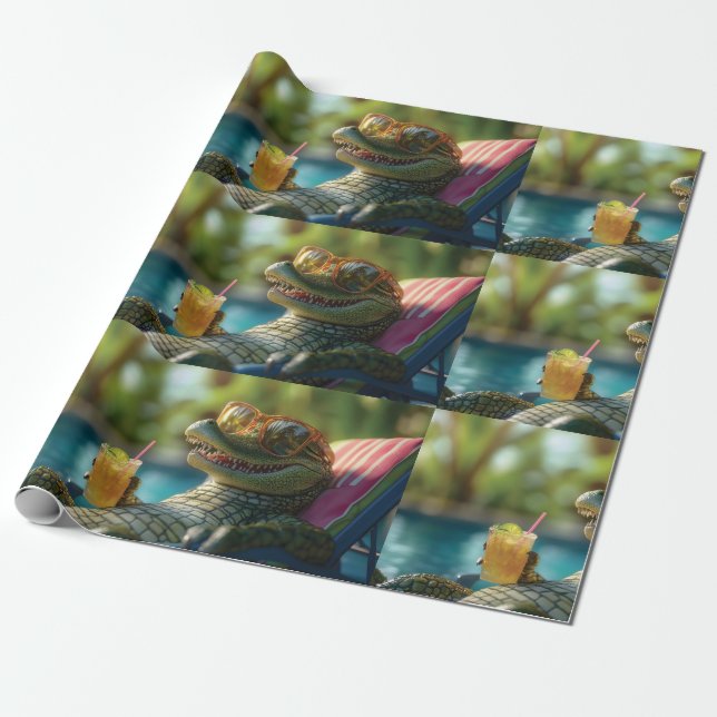 Alligator Enjoying a Poolside Cocktail Wrapping Paper (Unrolled)