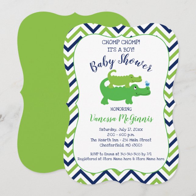 Alligator Green Blue Boy Baby Shower Invitation (Front/Back)