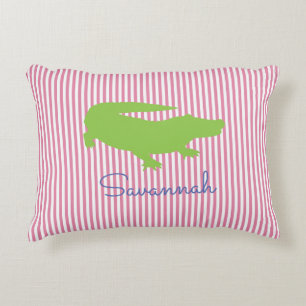 Alligator Green Pink Preppy Personalised Name Decorative Cushion