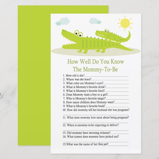 Alligator how well do you know baby shower game (Front/Back)