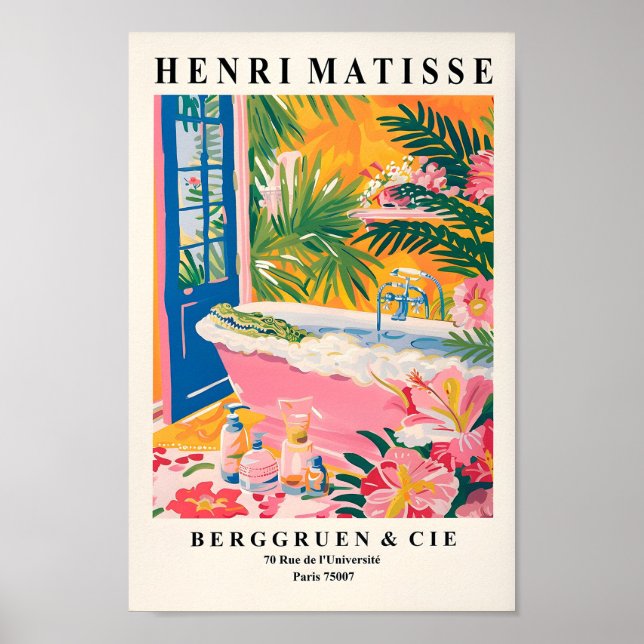 Alligator In Bathtub Funny Poster, Mid Century Art Poster (Front)