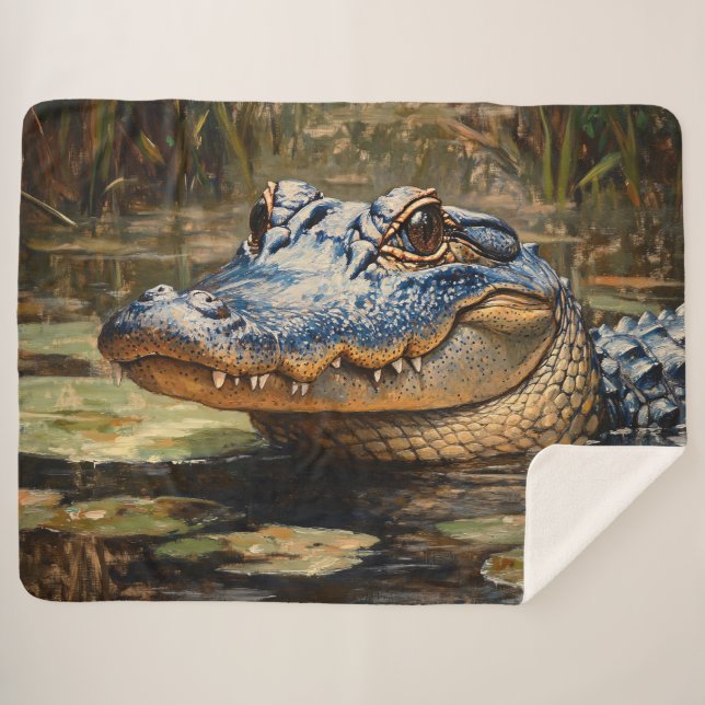 Alligator in the Everglades Wildlife Art Sherpa Blanket (Front (Horizontal))