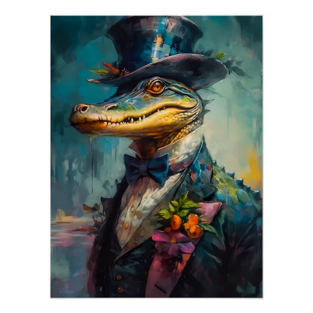 Alligator in Top Hat & Bow Tie Poster (Front)