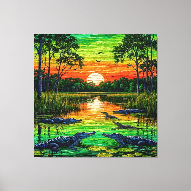 Alligator-Lined Riverbank at Sunset Canvas Print (Front)