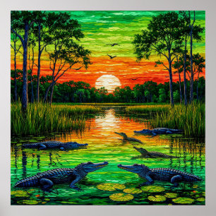Alligator-Lined Riverbank at Sunset Poster