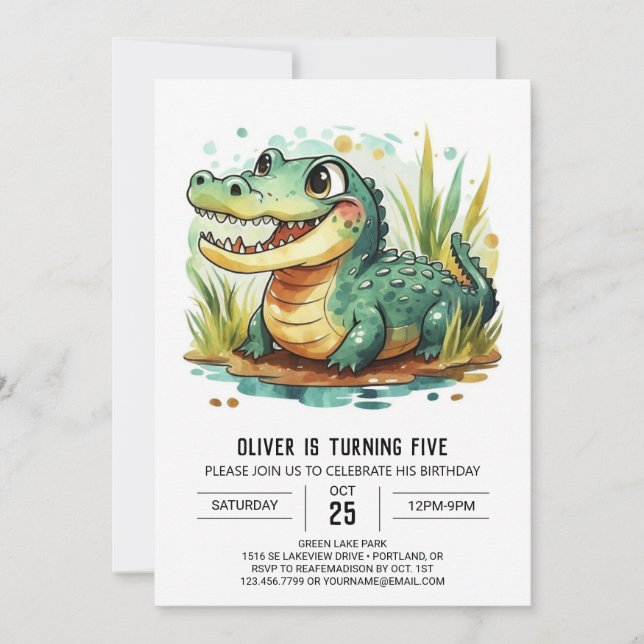 Alligator Modern Crocodile Birthday Invitation (Front)