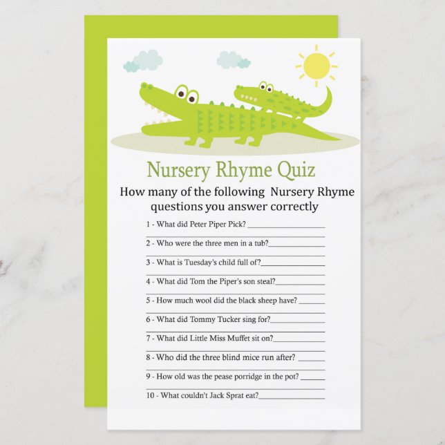Alligator Nursery Rhyme Quiz baby shower game (Front/Back)