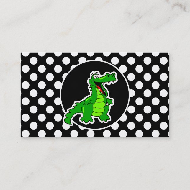 Alligator on Black and White Polka Dots Business Card (Front)