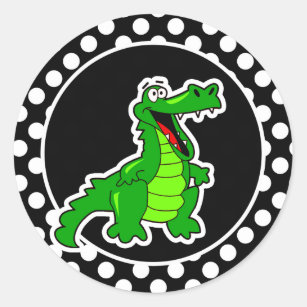 Alligator on Black and White Polka Dots Classic Round Sticker