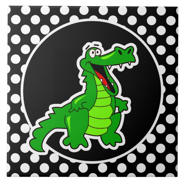 Alligator on Black and White Polka Dots Tile (Front)