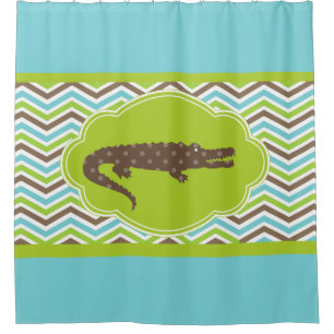 Alligator on Blue Green Brown White Chevron Shower Curtain