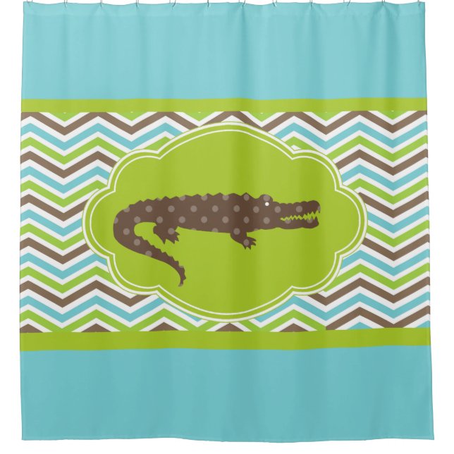 Alligator on Blue Green Brown White Chevron Shower Curtain (Front)
