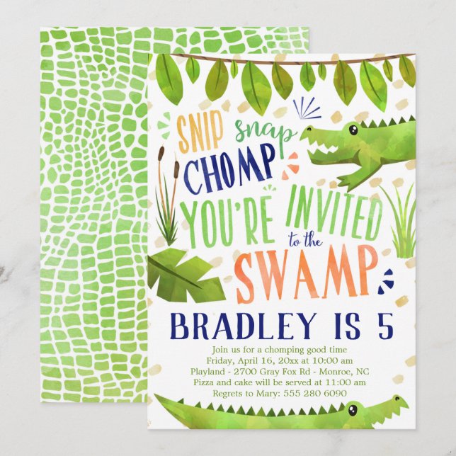 Alligator or Crocodile Birthday Party Invitation (Front/Back)