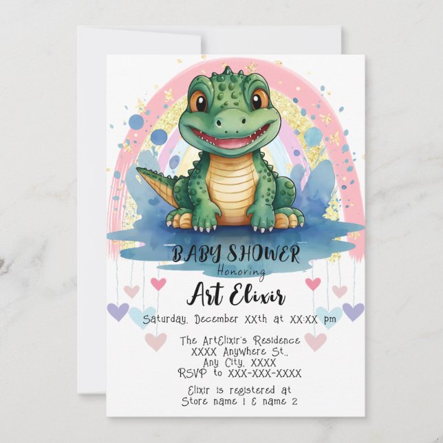 Alligator Pastel Rainbow Hearts Colourful Print Invitation (Front)