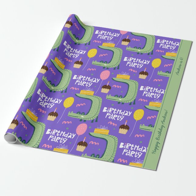 Alligator Pattern Green and Purple Birthday Party Wrapping Paper (Unrolled)