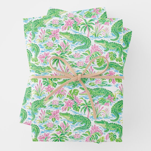 Alligator Preppy Palm Beach Pattern Print Wrapping Paper Sheet (In situ)