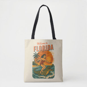 Alligator Surfer Beach Pin-Up Retro Coastal Surf Tote Bag