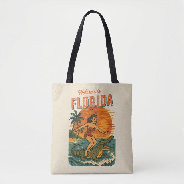 Alligator Surfer Beach Pin-Up | Retro Coastal Surf Tote Bag (Front)