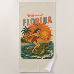 Alligator Surfing Beach Pin-up Retro Coastal Art Beach Towel