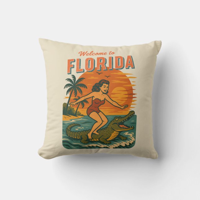 Alligator Surfing Beach Pin-up | Retro Coastal Art Cushion (Front)