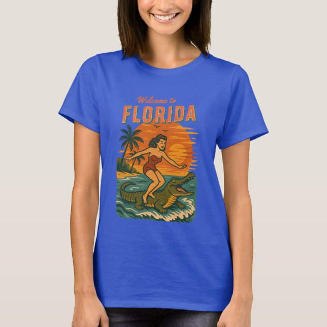 Alligator Surfing Beach Pin-up Retro Coastal Life T-Shirt (Front)
