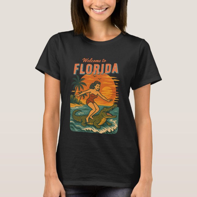 Alligator Surfing Coastal Life Graphic Retro Surf T-Shirt (Front)