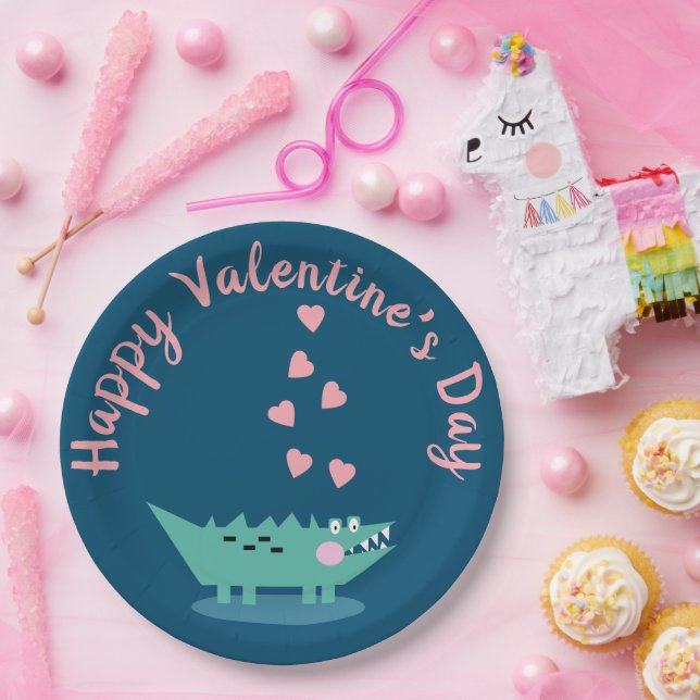 Alligator Valentines Day  Hearts Pink   Paper Plate (Party)