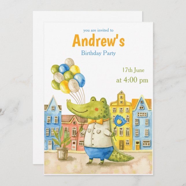 Alligator Watercolor Crocodile Birthday Invitation (Front/Back)