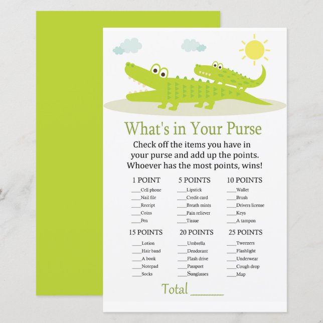 Alligator What's in your purse game baby shower (Front/Back)