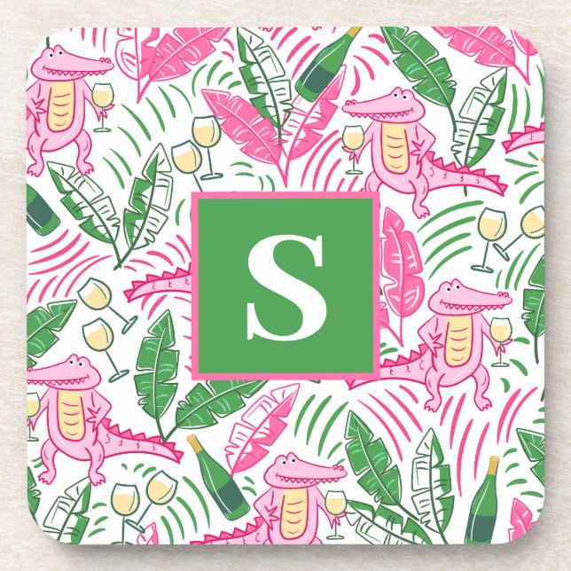 Alligator Wine Pink Green Monogram Preppy Coaster (Front)