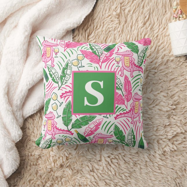 Alligator Wine Pink Green Monogram Preppy Cushion (Blanket)