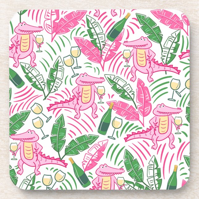 Alligator Wine Pink Green Preppy  Coaster (Front)
