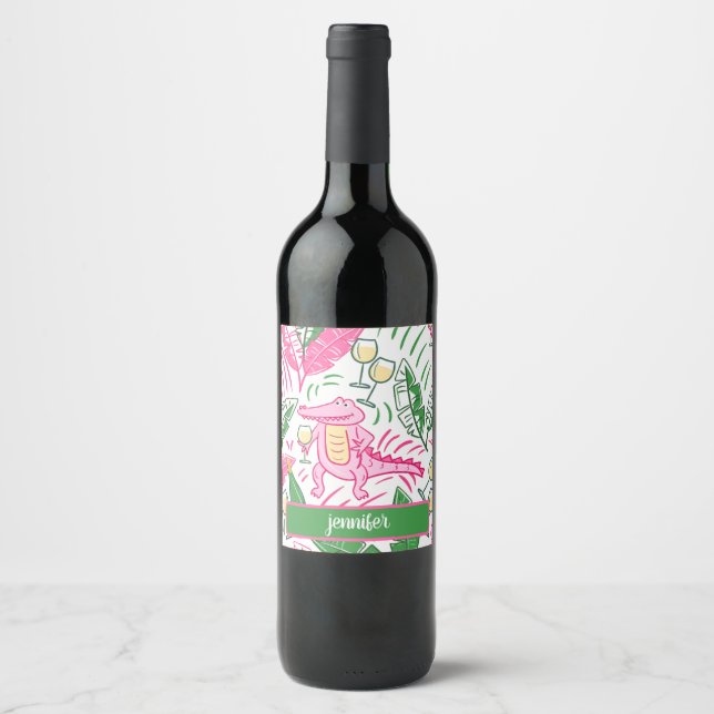 Alligator Wine Pink Green Preppy Personalised Wine Label (Front)