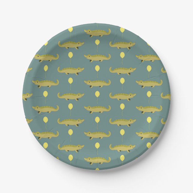 alligator with balloons printed grey paper plate (Front)