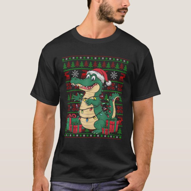 Alligator Xmas Lights Ugly Santa Hat Alligator Chr T-Shirt (Front)