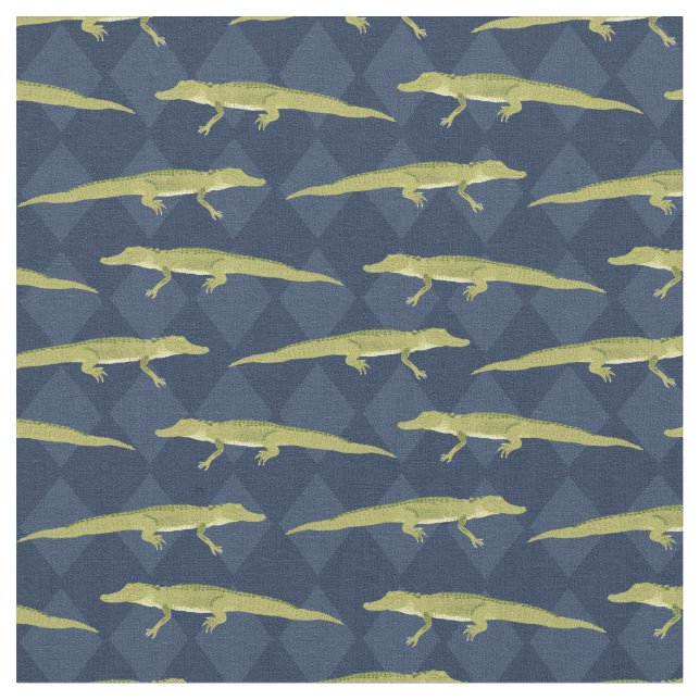 Alligators in Olive Green Against Navy Blue Fabric (Close Up)