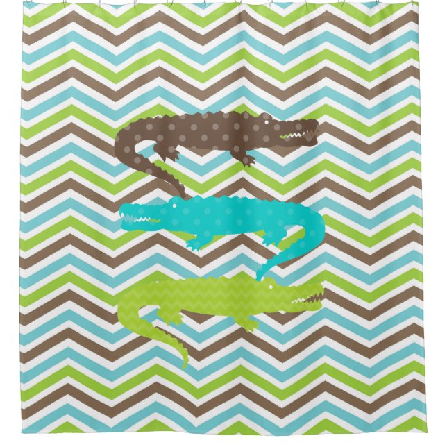 Alligators on Chevron Stripes Shower Curtain (Front)